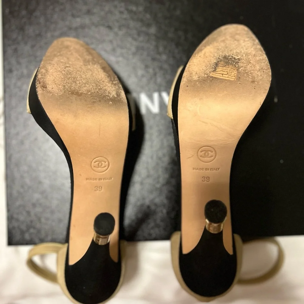Chanel gold & black ankle strap heels -39 (US 8.5-9)